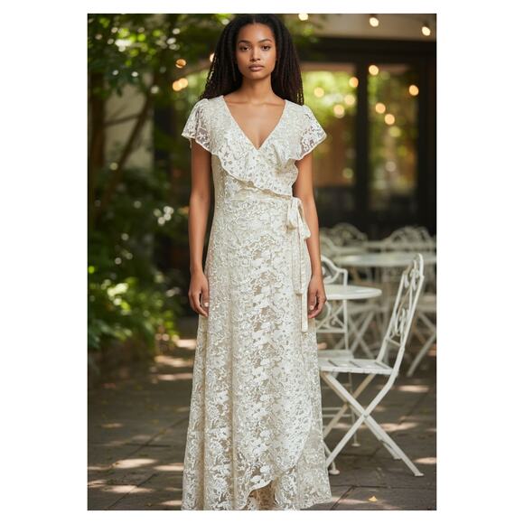 GigiK Olivia Lace Wrap Dress M Cascading Ruffle Neck Tie at Waist Sleeveless - Picture 1 of 16